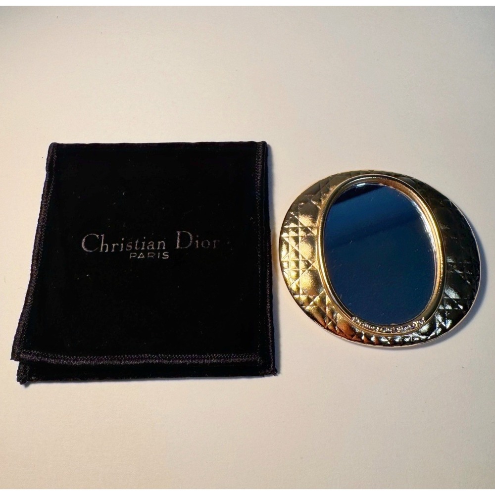 Christian Dior Compact Hand Mirror Matte Gold Vintage W/ Velvet Pouch Authentic